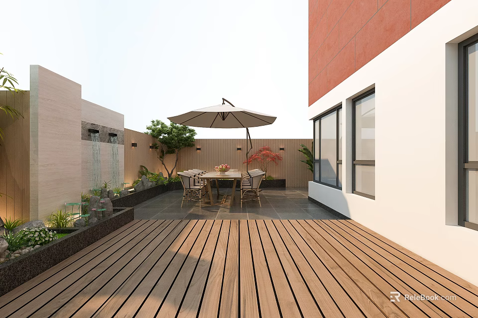 Rooftop Garden Design With Wooden Deck Outdoor Table Chairs Umbrella And Green Plants 3d model 