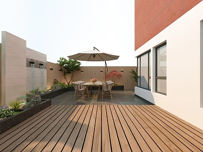Rooftop Garden Design With Wooden Deck Outdoor Table Chairs Umbrella And Green Plants 3d model