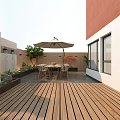 Rooftop Garden Design With Wooden Deck Outdoor Table Chairs Umbrella And Green Plants