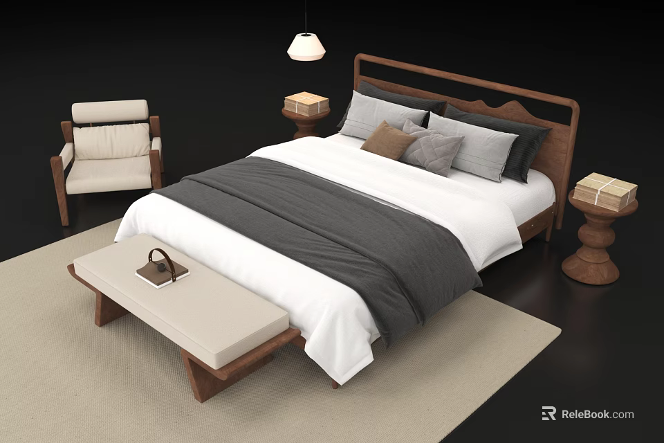 Modern Minimalist Double Bed with Wooden Headboard Bedding Pillows Nightstand Lamp and Bench 3d model 