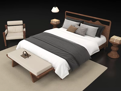 Modern Minimalist Double Bed with Wooden Headboard Bedding Pillows Nightstand Lamp and Bench 3d model