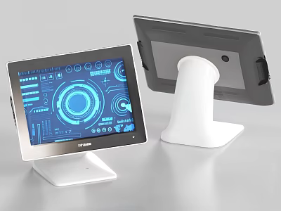 Dual Computer Touchscreen Monitors With White Stands Displaying Blue Tech Interface Screens 3d model