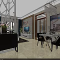 Modern Living Dining Room Interior With Chandelier Dining Table Black Chairs TV And Decorative Painting