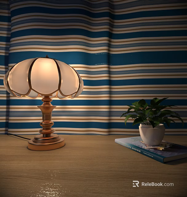 Classic Table Lamp with White Lampshade on Desk Near Green Plant and Blue Striped Curtain 3d model 