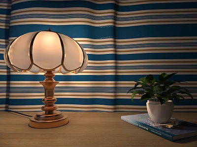 Classic Table Lamp with White Lampshade on Desk Near Green Plant and Blue Striped Curtain 3d model