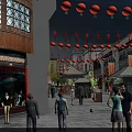 Traditional Chinese Style Commercial Street With Red Lanterns Pedestrians And Shops