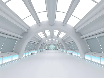 Futuristic White Hall Interior With Arched Ceiling Skylights And Blue Light Panels 3d model