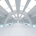 Futuristic White Hall Interior With Arched Ceiling Skylights And Blue Light Panels
