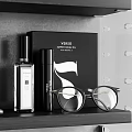 Bathroom Accessories Display On Modern Shelves With Skincare Bottles Soap Brush And Mirror
