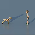 Game Character Boy Standing Holding Object Interacting With Spotted Dog on Blue Surface 3d model