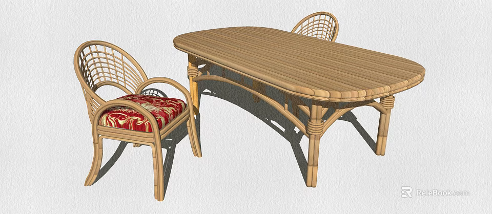Rattan Dining Table Set with Natural Weave Design and Patterned Red Cushion Chairs 3d model