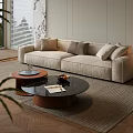Modern Living Room Interior With Beige Sofa Armchair Coffee Table Rug And Green Plants