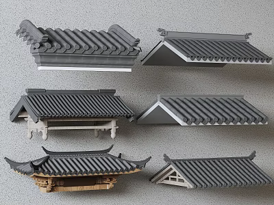 Traditional Architectural Roof Components Featuring Various Tile Designs and Eave Structures for Classic Building Models 3d model
