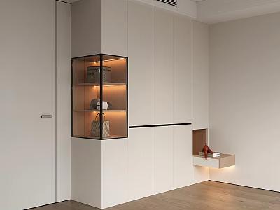 Minimalist White Wardrobe Interior Design With Glass Display Cabinet And Lighting 3d model