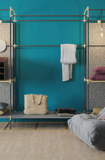 Modern Metal Shelving Unit Against Blue Wall with Bag Blanket Towel and Bean Bag Chair 3d model