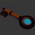 Enchanted Fantasy Key With Orange Handle Brown Ring And Glowing Blue Gemstone