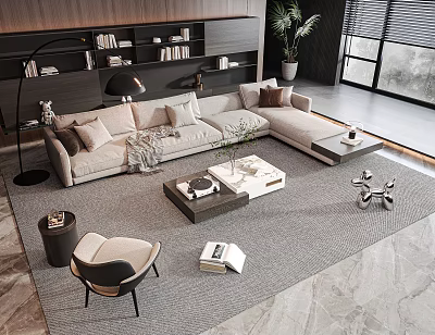 Elegant Modern Living Room With Light Beige Sofa Multiple Cushions And Coffee Table Set 3d model