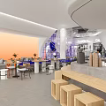Lucky Coffee Cafe Modern Interior With Bookshelves Round Wooden Tables Chairs And White Pendant Lights