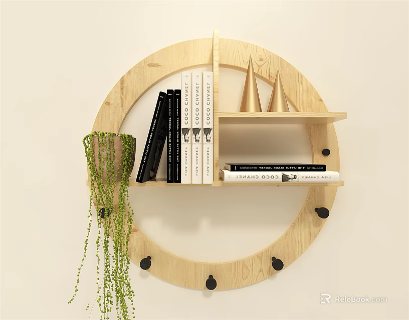 Circular Wooden Floating Wall Cabinet With Bookshelf And Hanging Plant 3d model 