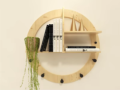 Circular Wooden Floating Wall Cabinet With Bookshelf And Hanging Plant 3d model