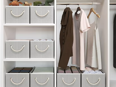 Gray Storage Baskets With Rope Handles In Closet For Organizing Hanging Clothes And Shelves 3d model