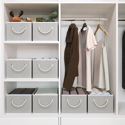Gray Storage Baskets With Rope Handles In Closet For Organizing Hanging Clothes And Shelves 3d model