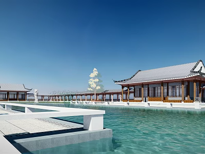 Serene Ancient Architecture With Traditional Roof Blue Sky And Calm Water 3d model