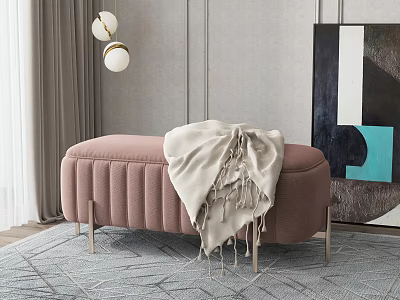 Pink Ottoman with Fringed Beige Blanket on Gray Rug near Abstract Painting 3d model