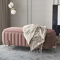 Pink Ottoman with Fringed Beige Blanket on Gray Rug near Abstract Painting