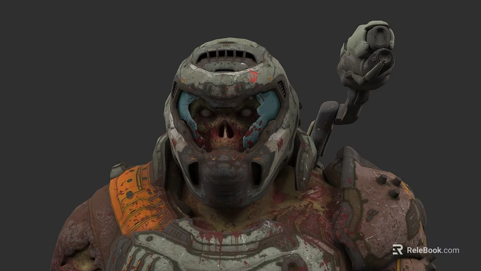 Game Movie Character With Damaged Helmet Bloodstained Armor And Mechanical Arm 3d model 
