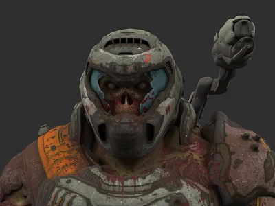 Game Movie Character With Damaged Helmet Bloodstained Armor And Mechanical Arm 3d model