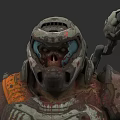 Game Movie Character With Damaged Helmet Bloodstained Armor And Mechanical Arm