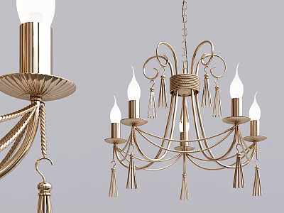 Elegant Gold Metal Chandelier With Candle Shaped Bulbs And Tassel Decorations 3d model