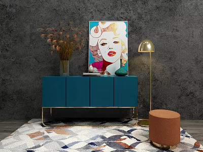 Teal Console Cabinet With Gold Metal Legs Colorful Artwork Gold Floor Lamp And Geometric Rug 3d model