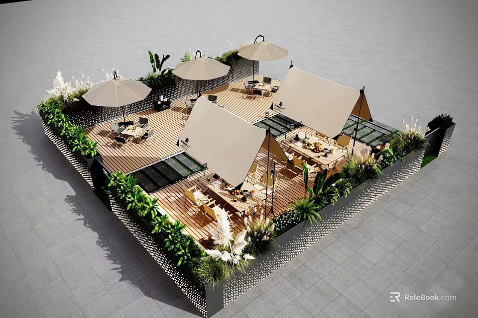 Stylish Outdoor Sofa Sets With Shade Umbrellas Tents And Natural Greenery For Cozy Patio Space 3d model 