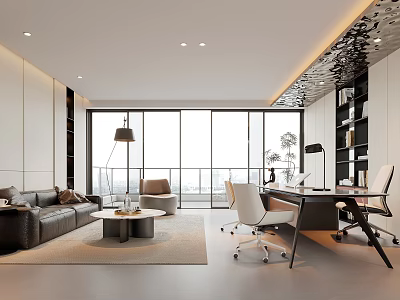 Modern Open Office Interior Design With Large Windows Sofa Desk Bookshelf And Plants 3d model