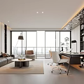 Modern Open Office Interior Design With Large Windows Sofa Desk Bookshelf And Plants