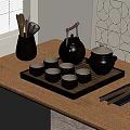 Black Tea Set on Wooden Table with Teapot Tea Cups Tray and Chopsticks Utensil Holder