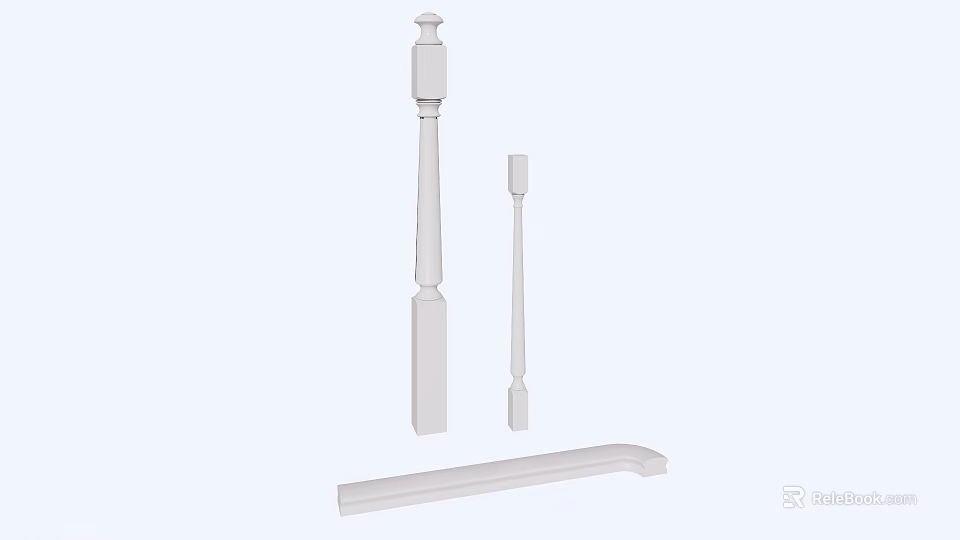 White Staircase Railing Components with Baluster Post and Handrail Design 3d model 
