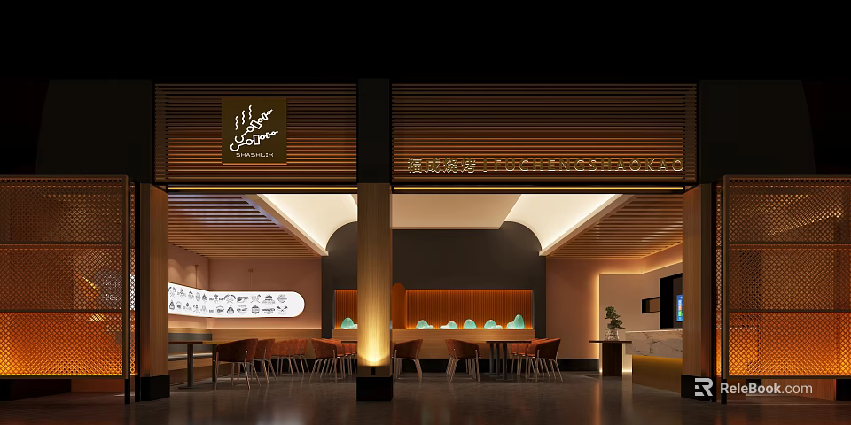 Restaurant Interior Design With Wooden Facade Warm Lighting And Dining Seating Area 3d model 