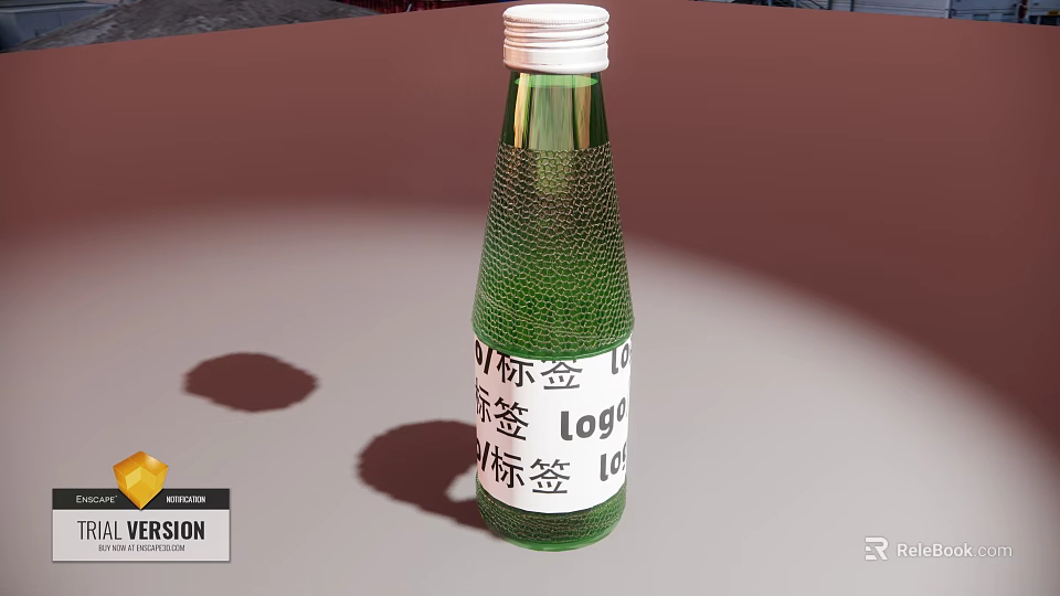 Transparent Green Glass Beverage Bottle with Label and Logo on Light Background 3d model 