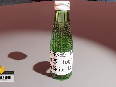 Transparent Green Glass Beverage Bottle with Label and Logo on Light Background 3d model