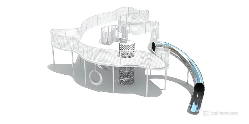 White Playground Equipment Featuring Spiral Structure Slide Netted Railings And Hollow Out Design 3d model 