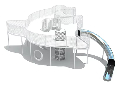 White Playground Equipment Featuring Spiral Structure Slide Netted Railings And Hollow Out Design 3d model