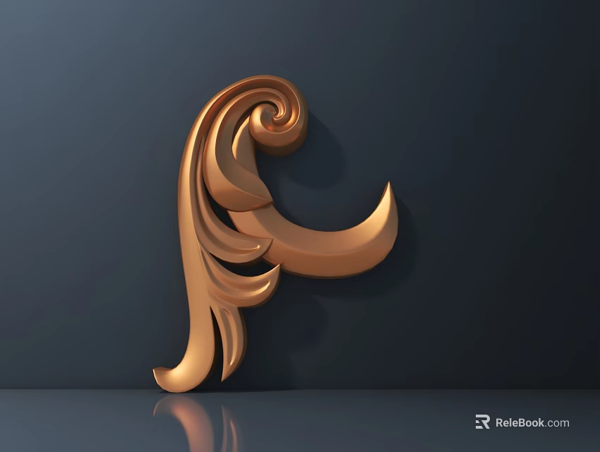 Golden Carved Letter F Design With Dark Background And Reflective Surface 3d model 