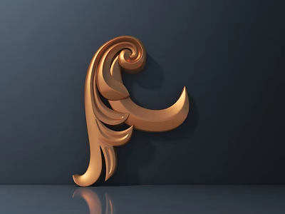 Golden Carved Letter F Design With Dark Background And Reflective Surface 3d model