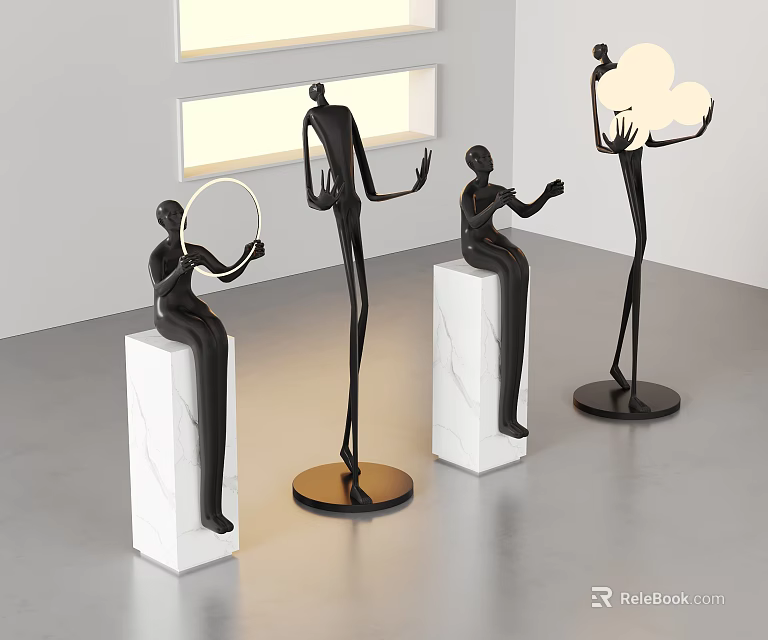 Modern Black Figurine Ornament Set with White Marble Bases for Home Decor 3d model 