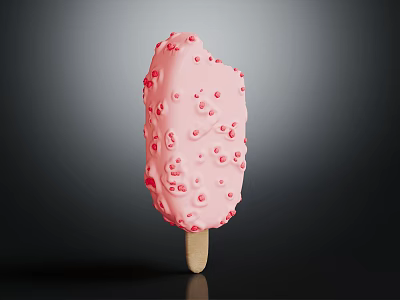 Pink Strawberry Ice Cream Bar With Red Berry Bits On Wooden Stick And Creamy Texture 3d model