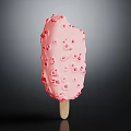 Pink Strawberry Ice Cream Bar With Red Berry Bits On Wooden Stick And Creamy Texture