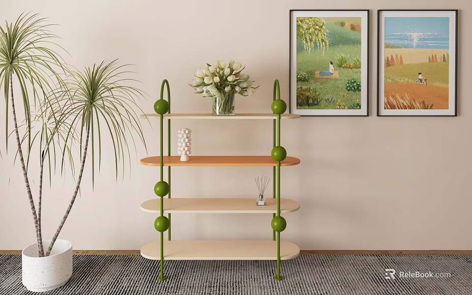 Stylish Shelving Unit with Green Metal Frames Wooden Shelves Wall Paintings and Potted Plant 3d model 